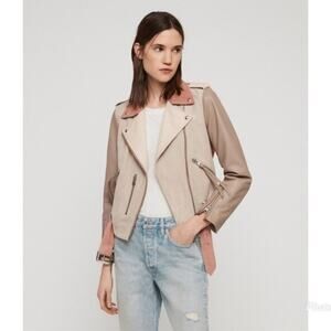Allsaints Balfern Goat Mix Leather Pink and Tan Cropped Biker Jacket Size 0